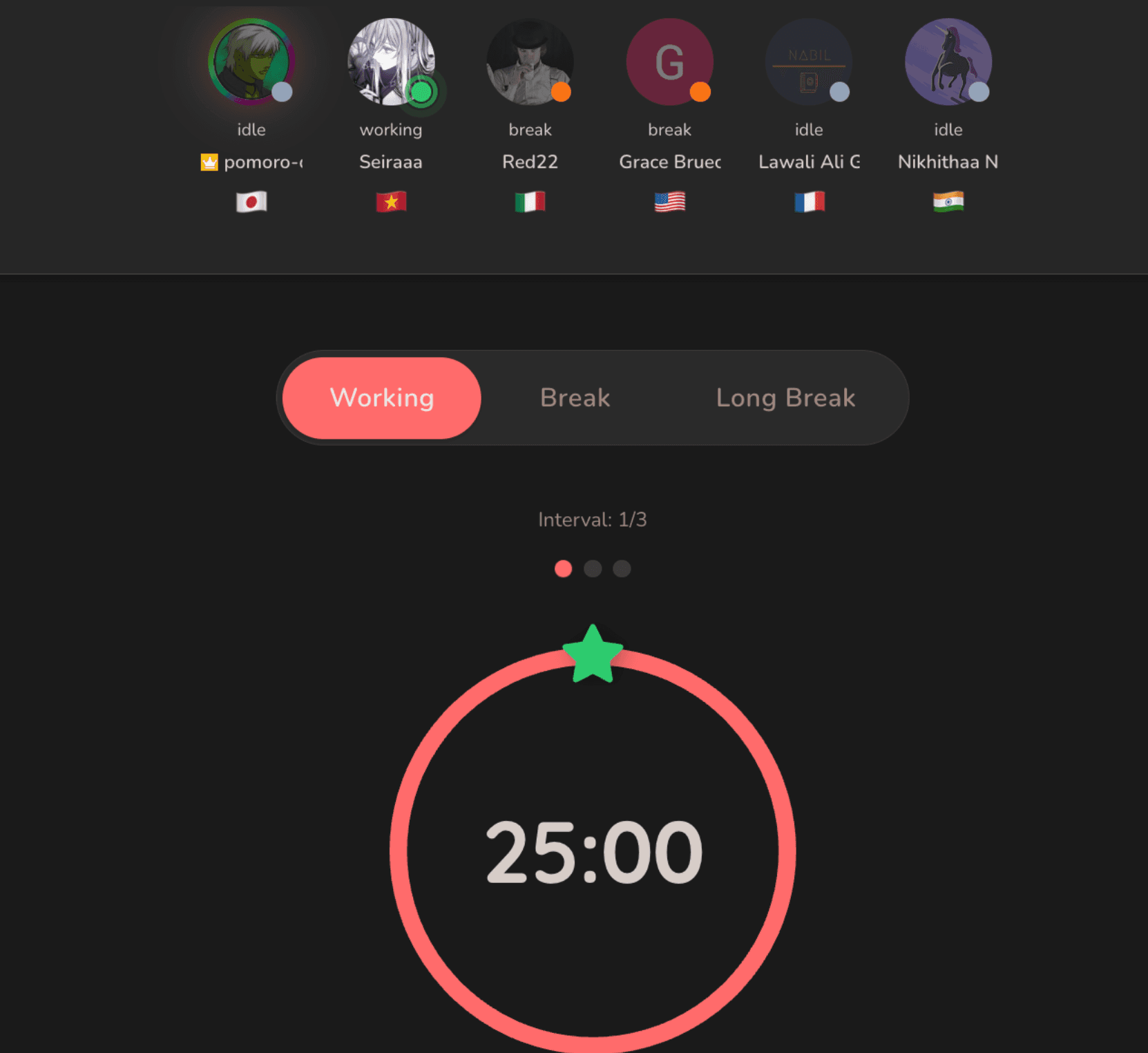 Pomoro App Screenshot showing online study room with multiple users focusing together