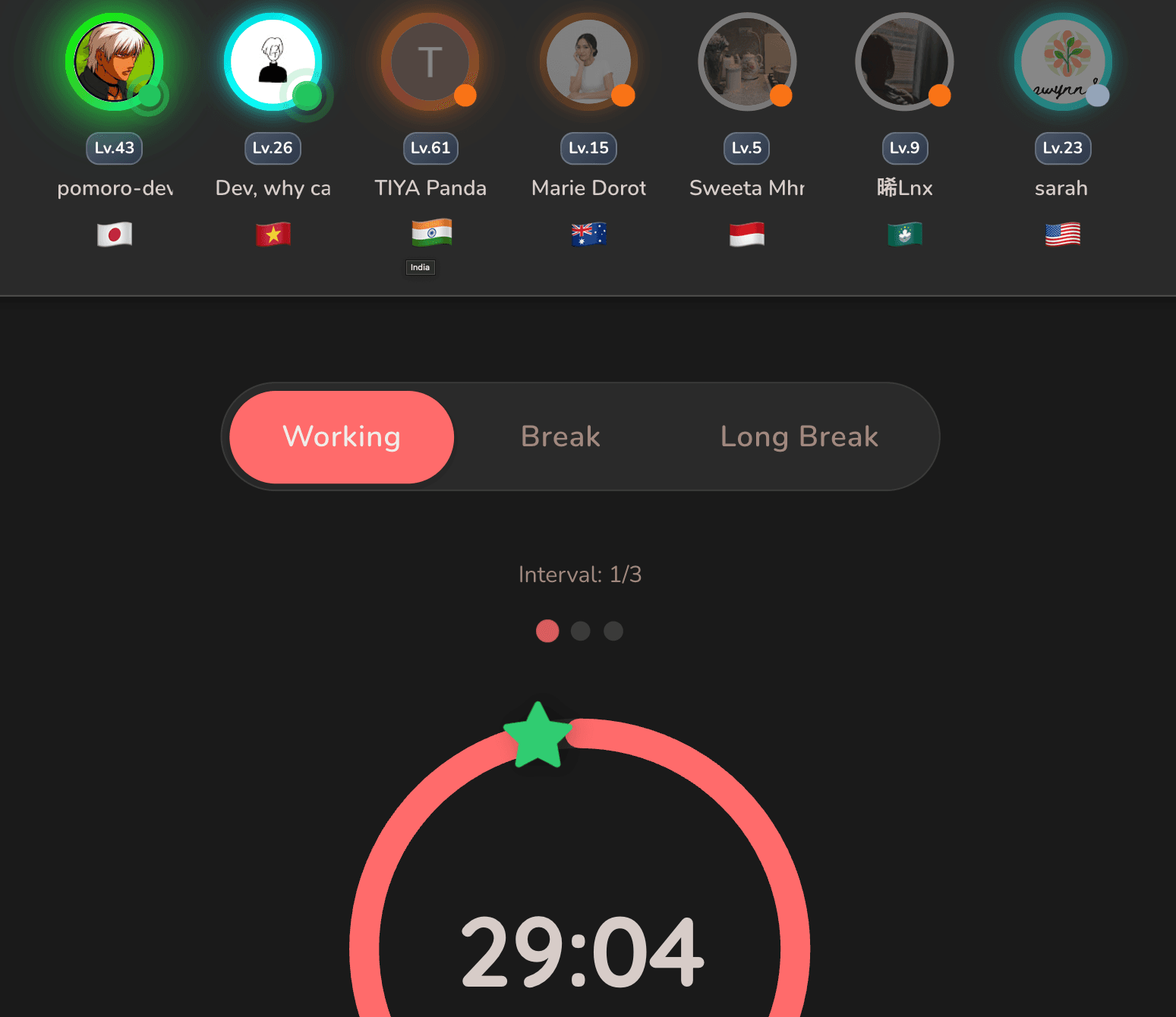 Pomoro App Screenshot showing online study room with multiple users focusing together